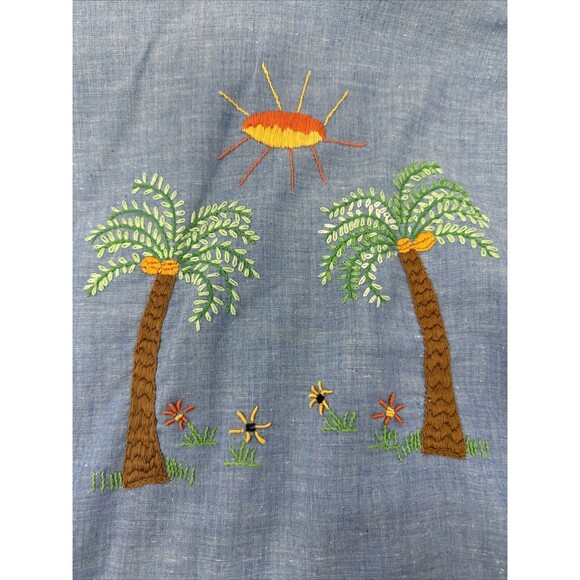 Vintage 60s/70s Hand Embroidered Chambray Shirt Palm Tree Sears Put-on Shop - Picture 4 of 14